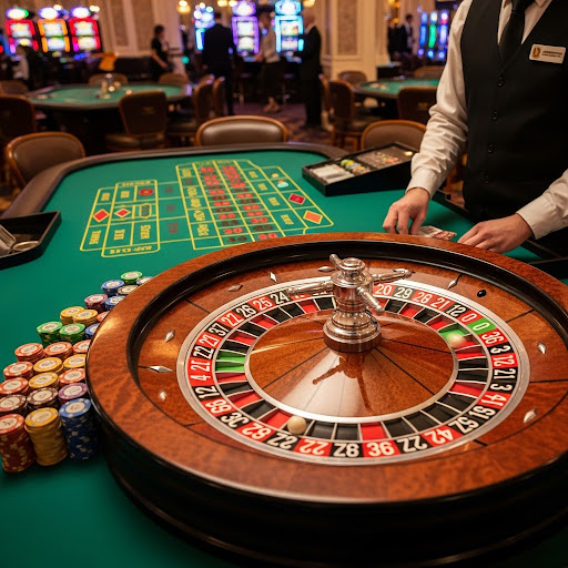 Roulette ball and wheel close up